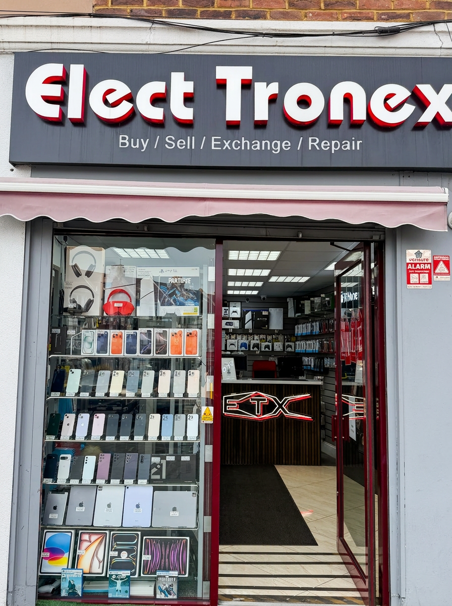 Shop window displaying iPhones, Samsung phones and iPads